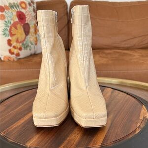 Croc-Embossed Cream Platform Ankle Boots